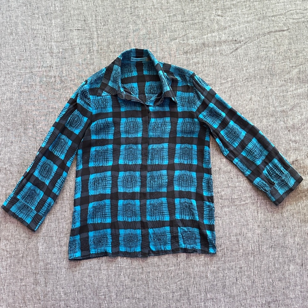 ALICE + OLIVIA Silk Woodgrain Plaid Button Down Blouse Size Small Black Blue